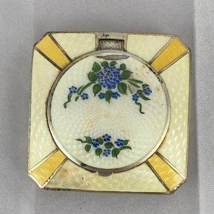 Vintage 30's Fabulous Yellow and Cream Guilloche Enameled Blue Forget-Me-Nots